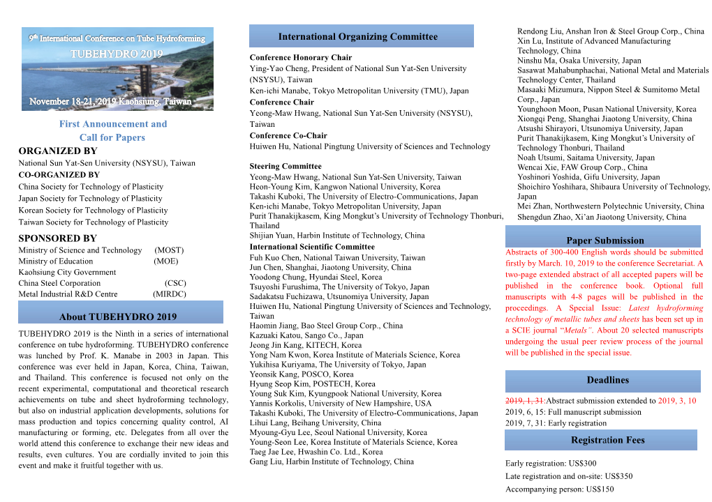 First Announcement and Call for Papers ORGANIZED by SPONSORED by About TUBEHYDRO 2019 International Organizing Committee Paper