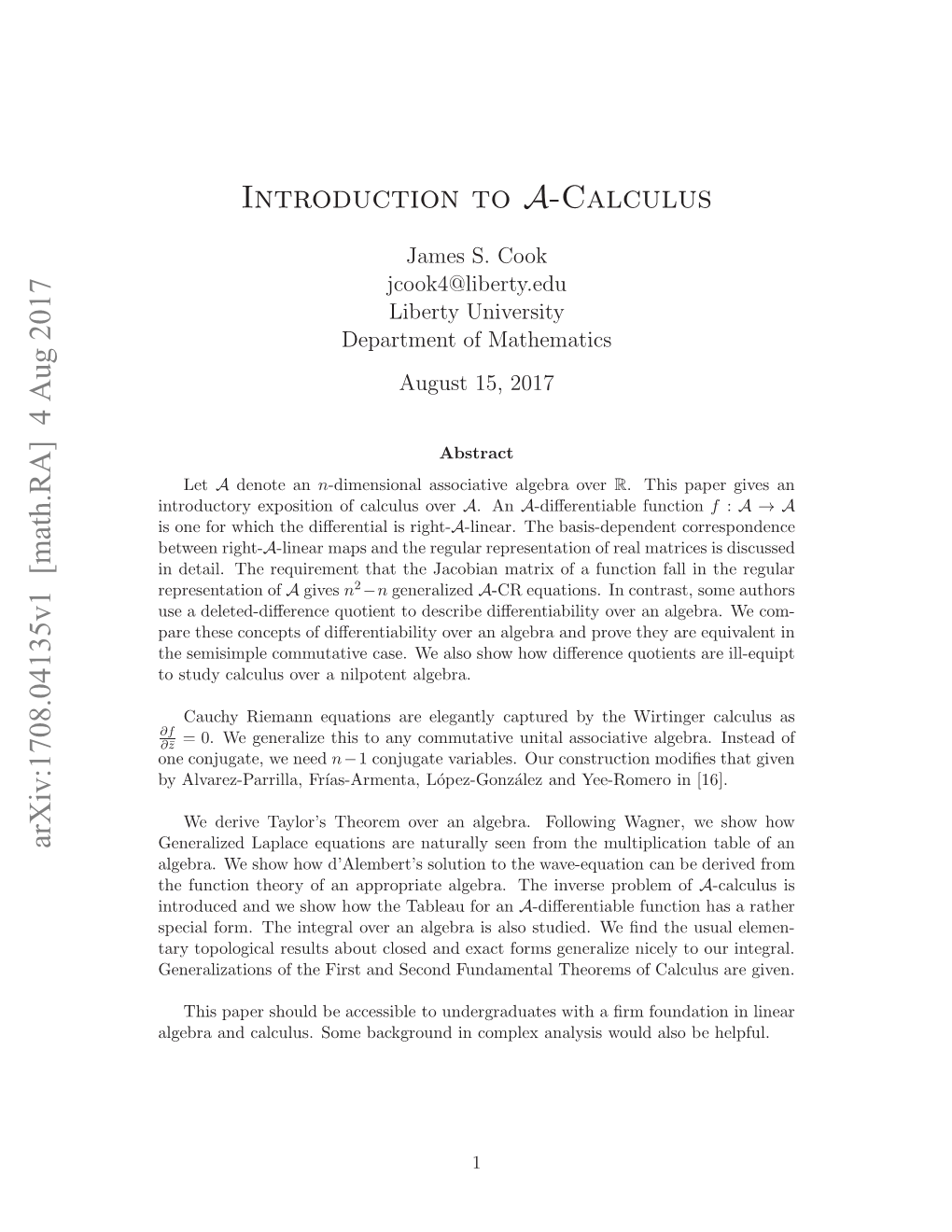 Arxiv:1708.04135V1 [Math.RA] 4 Aug 2017 Introduction to A-Calculus