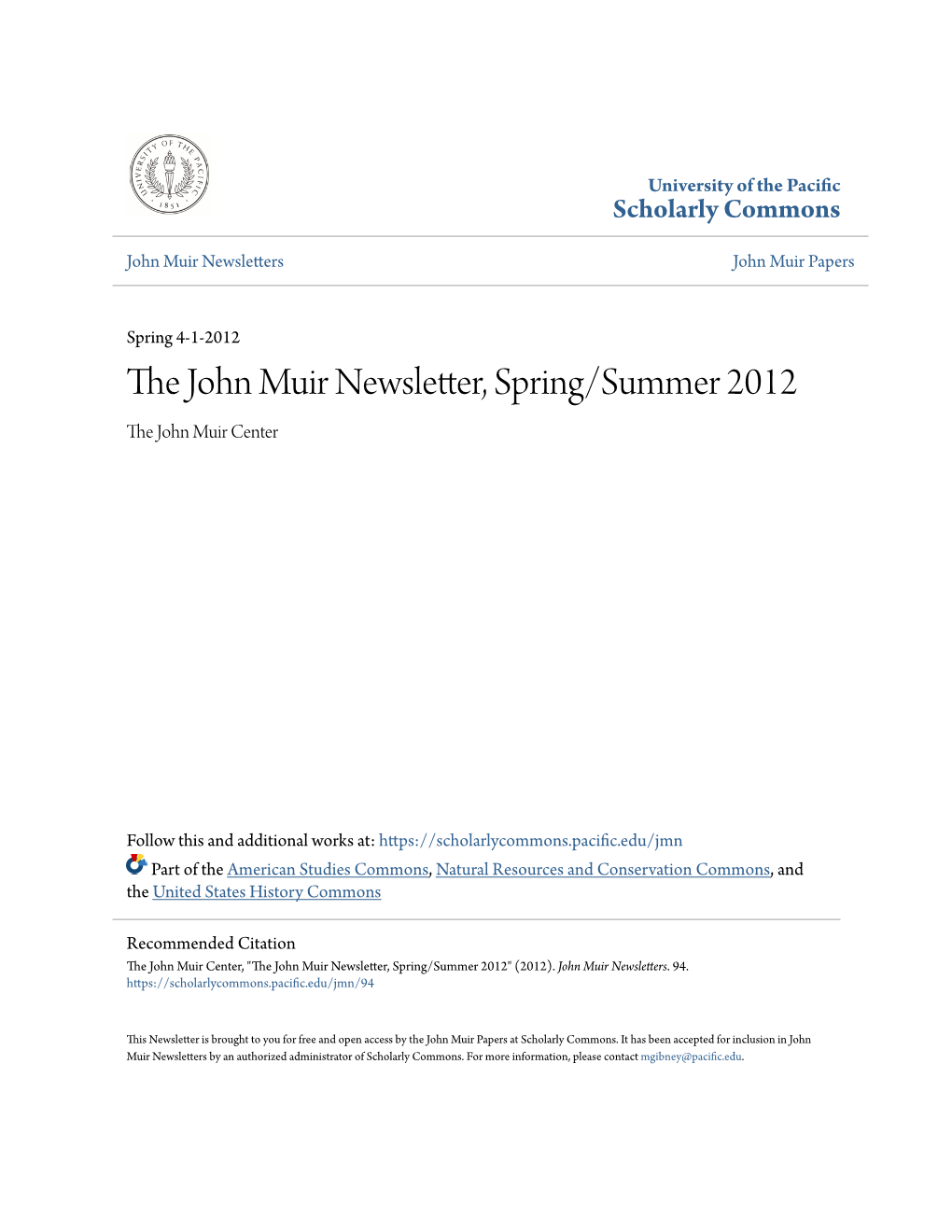 The John Muir Newsletter, Spring/Summer 2012