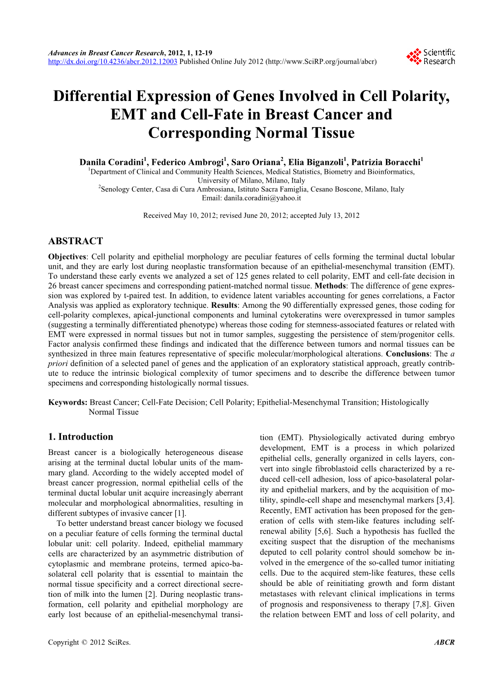 Differential Expression of Genes Involved in Cell Polarity, EMT and Cell-Fate in Breast Cancer and Corresponding Normal Tissue