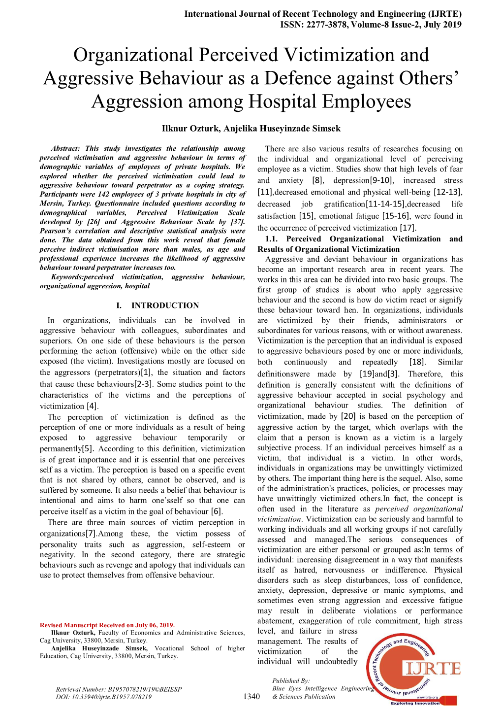 Organizational Perceived Victimization and Aggressive Behaviour As a Defence Against Others’ Aggression Among Hospital Employees