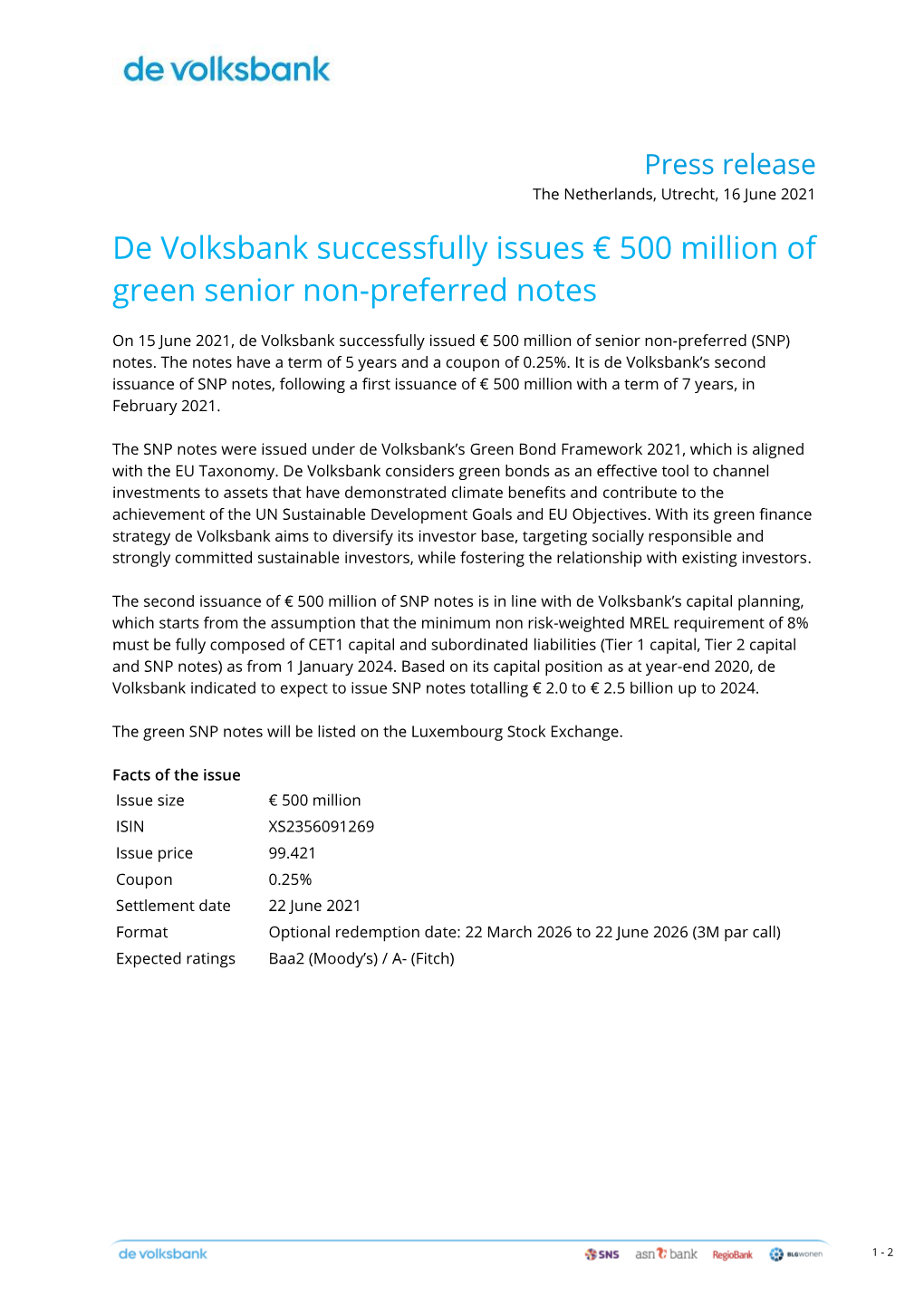 Press Release the Netherlands, Utrecht, 16 June 2021