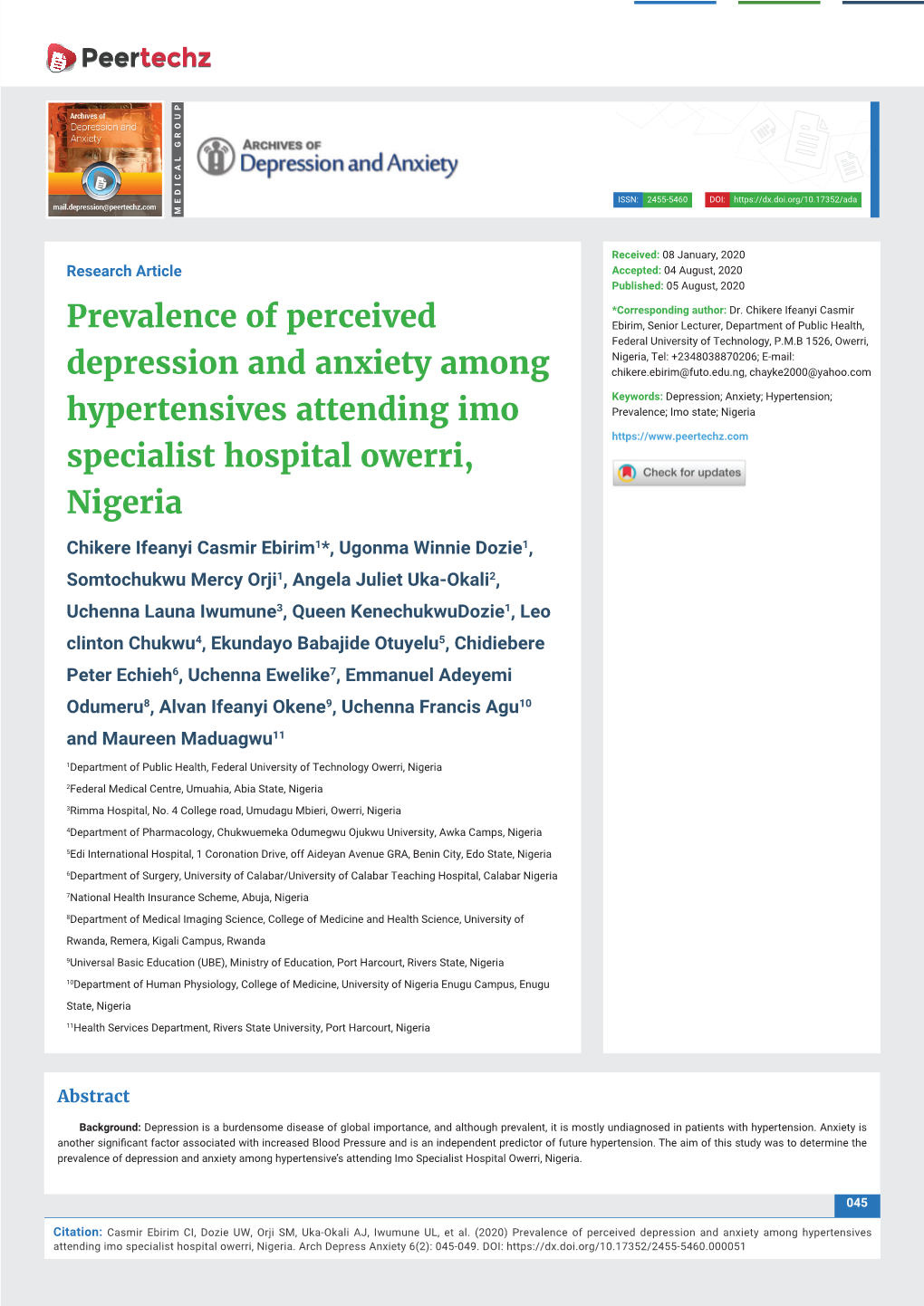 Prevalence of Perceived Depression and Anxiety Among Hypertensives Attending Imo Specialist Hospital Owerri, Nigeria