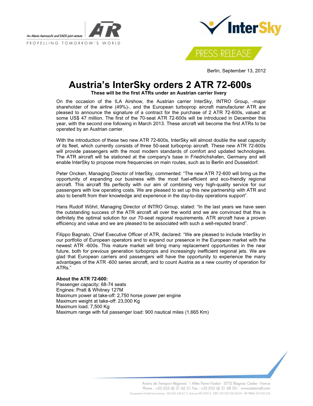 Austria's Intersky Orders 2 ATR 72-600S