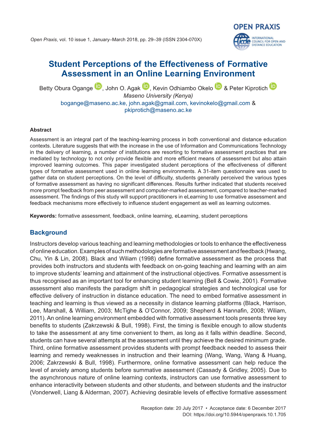 Student Perceptions of the Effectiveness of Formative Assessment in an Online Learning Environment