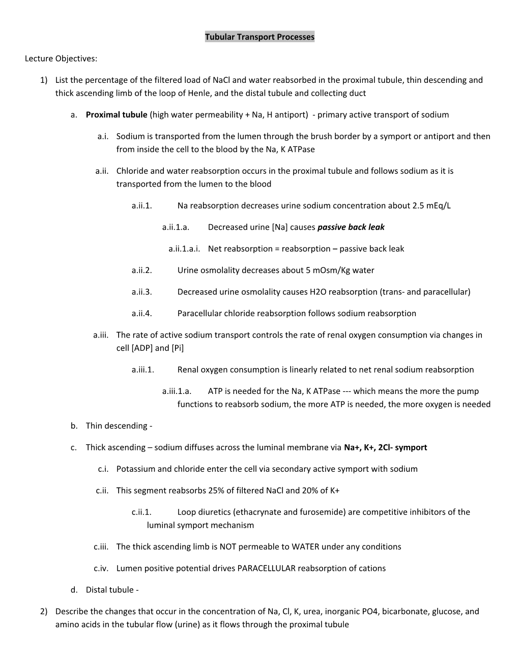 Tubular Transport Processes