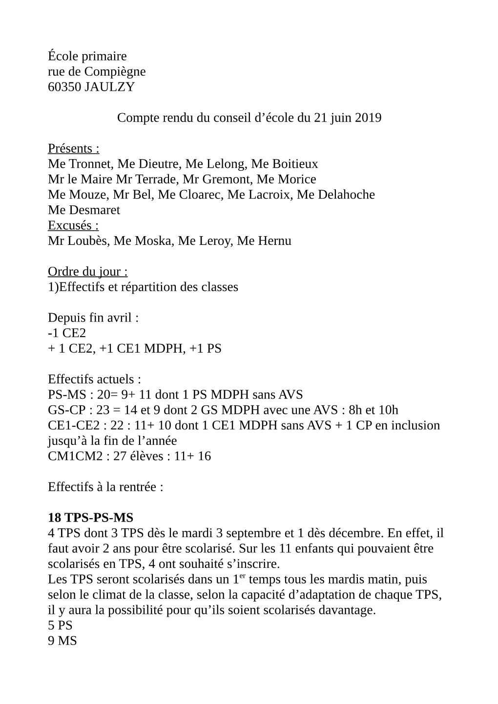 École Primaire Rue De Compiègne 60350 JAULZY Compte Rendu Du
