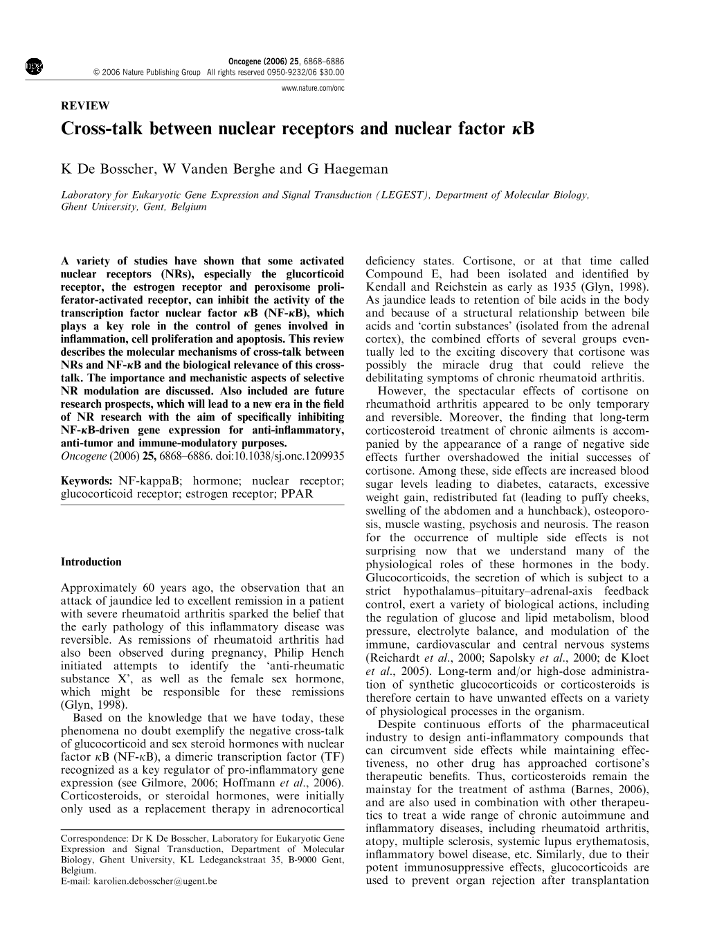 Cross-Talk Between Nuclear Receptors and Nuclear Factor Jb