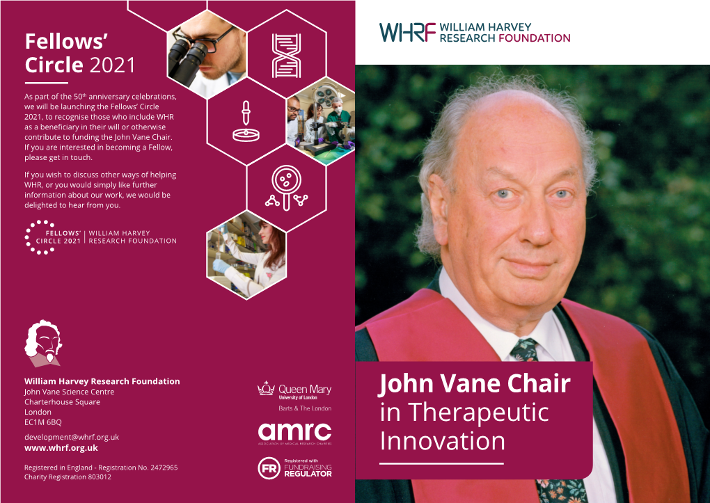 Sir John Vane in 1986, John Vane Established the William Harvey Research Institute at St Bartholomew’S Hospital Medical College