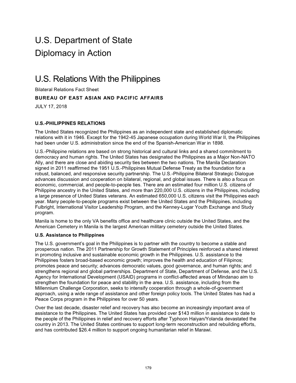 Philippines Bilateral Relations Fact Sheet BUREAU of EAST ASIAN and PACIFIC AFFAIRS JULY 17, 2018