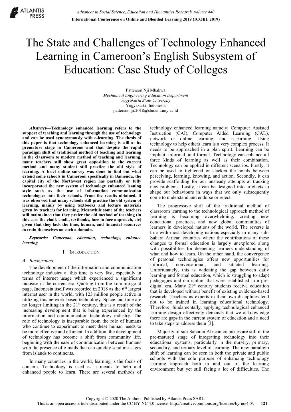 The State and Challenges of Technology Enhanced Learning in Cameroon's English Subsystem of Education