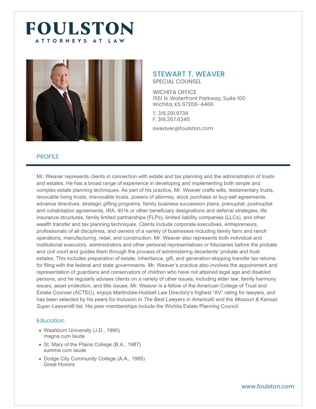 Stewart T. Weaver Special Counsel Wichita Office 1551 N