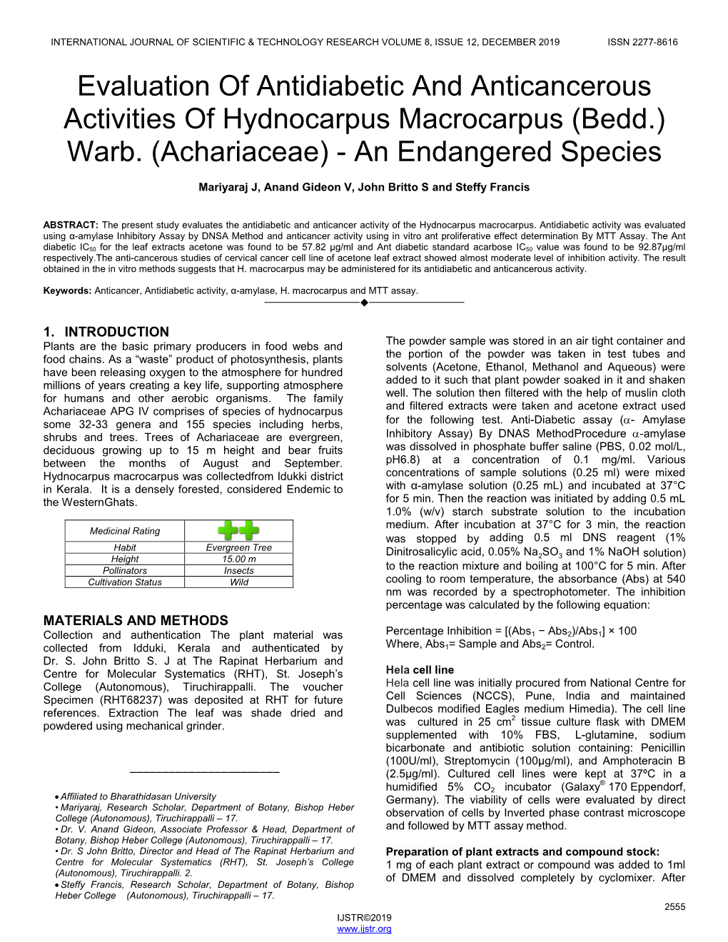 Evaluation of Antidiabetic and Anticancerous Activities of Hydnocarpus Macrocarpus (Bedd.) Warb
