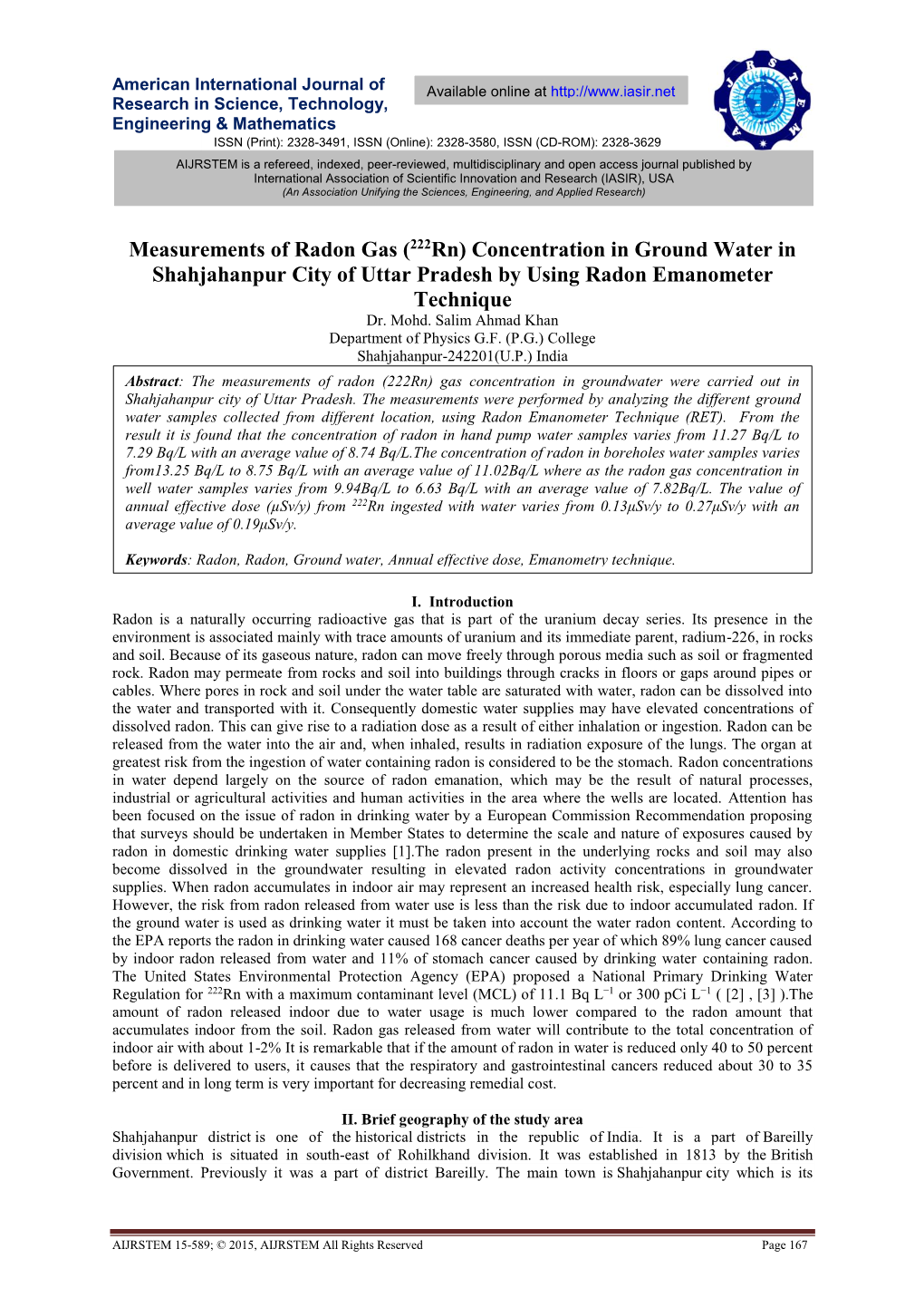 Measurements of Radon Gas (222Rn) Concentration in Ground Water in Shahjahanpur City of Uttar Pradesh by Using Radon Emanometer Technique Dr