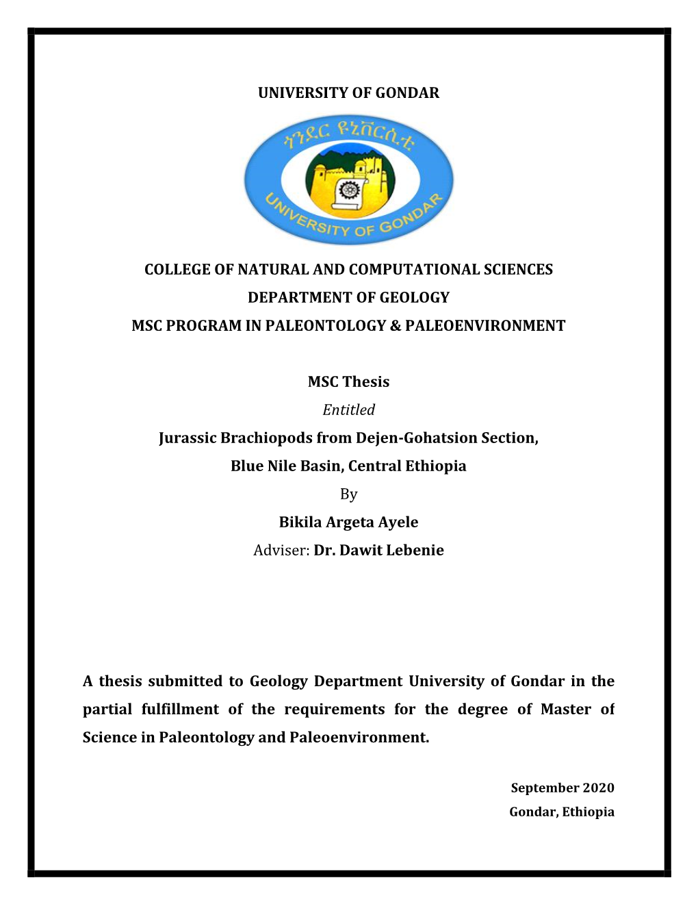 Jurassic Brachiopod in Blue Nile Basin Msc Thesis by Bikila Argeta 2020