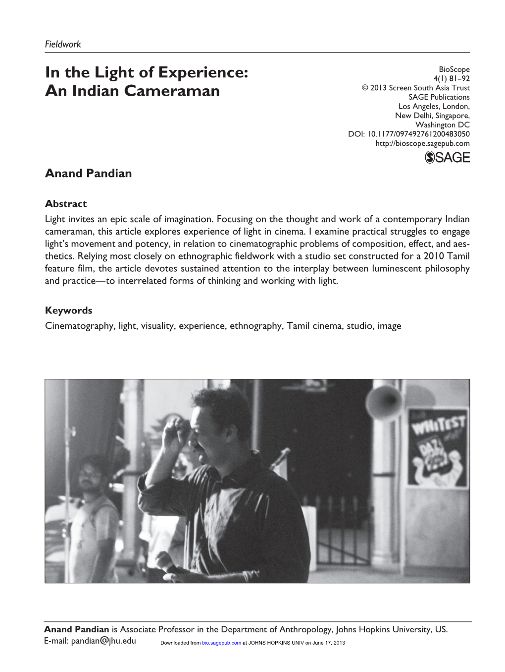 An Indian Cameraman SAGE Publications Los Angeles, London, New Delhi, Singapore, Washington DC DOI: 10.1177/097492761200483050