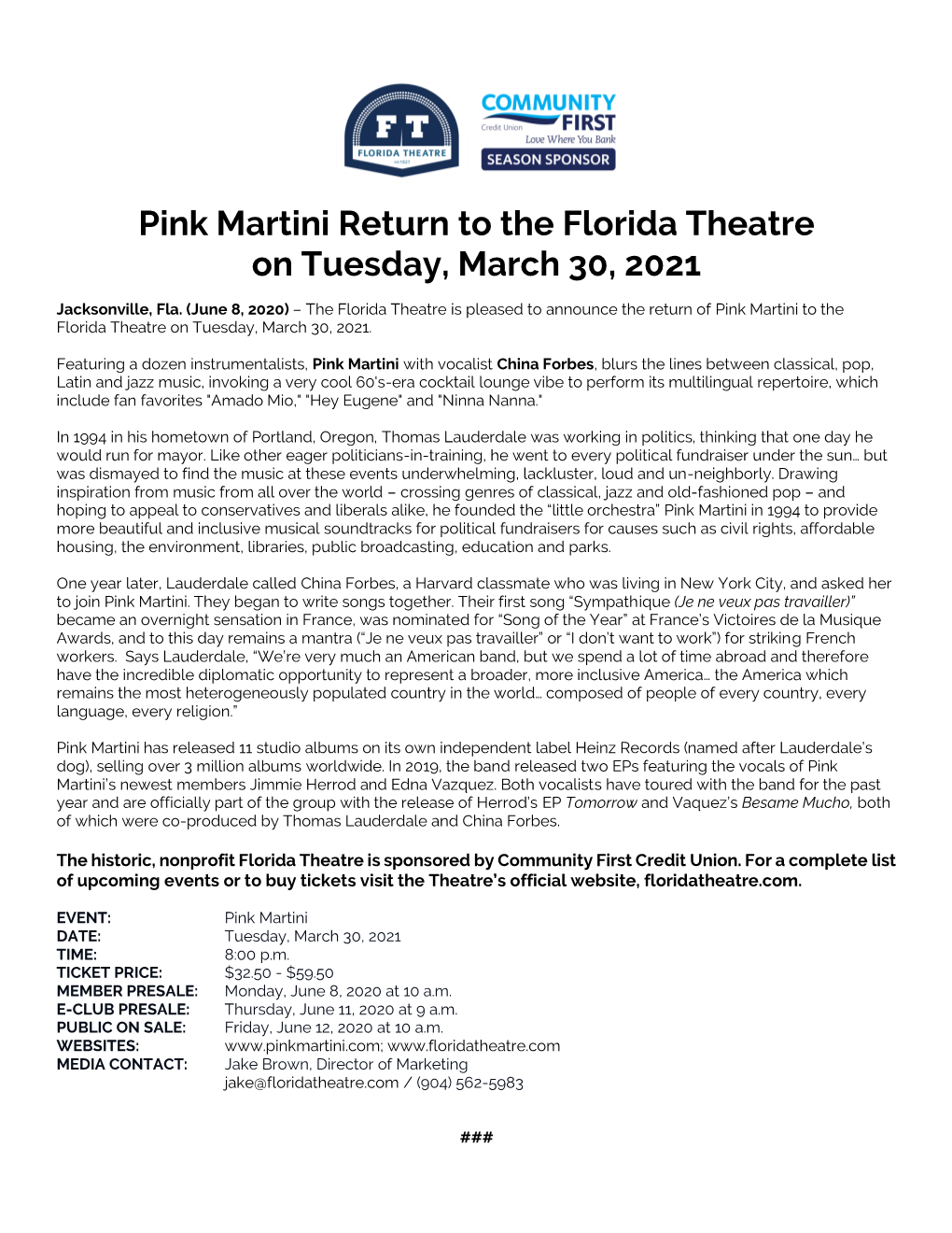 Pink Martini Return to the Florida Theatre on Tuesday, March 30, 2021