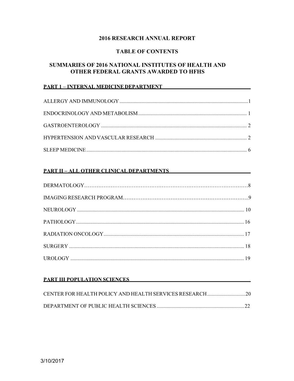 2016 Research Annual Report Table of Contents