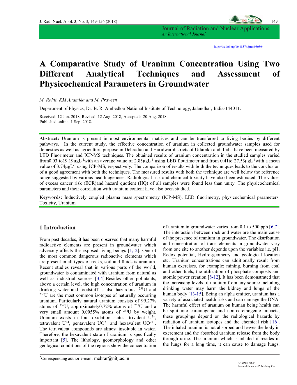 A Comparative Study of Uranium Concentration Using Two Different Analytical Techniques and Assessment of Physicochemical Parameters in Groundwater
