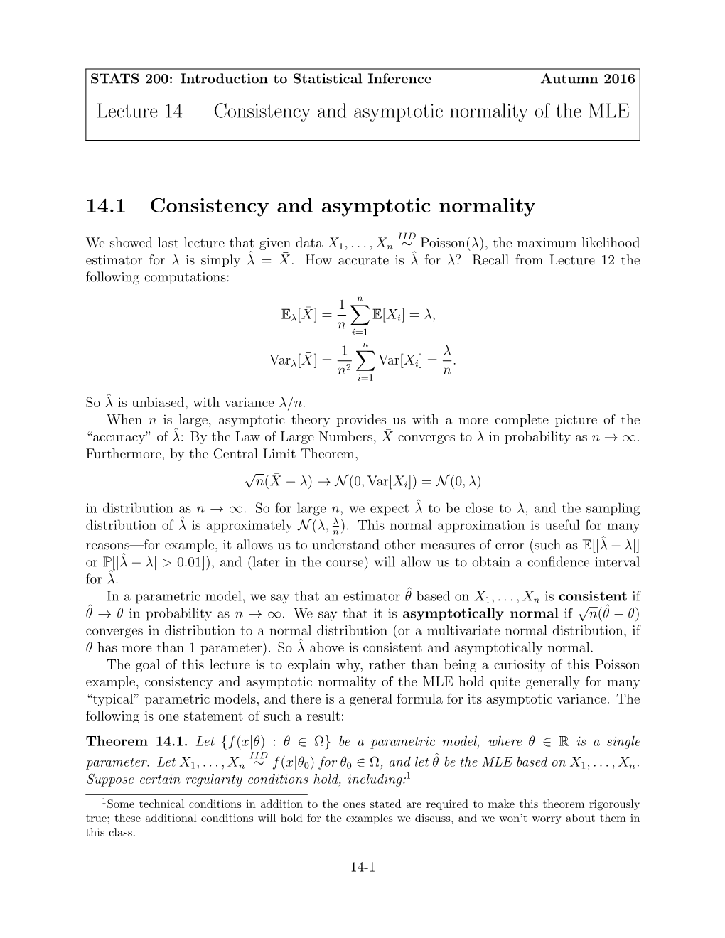 Lecture 14 — Consistency and Asymptotic Normality of the MLE