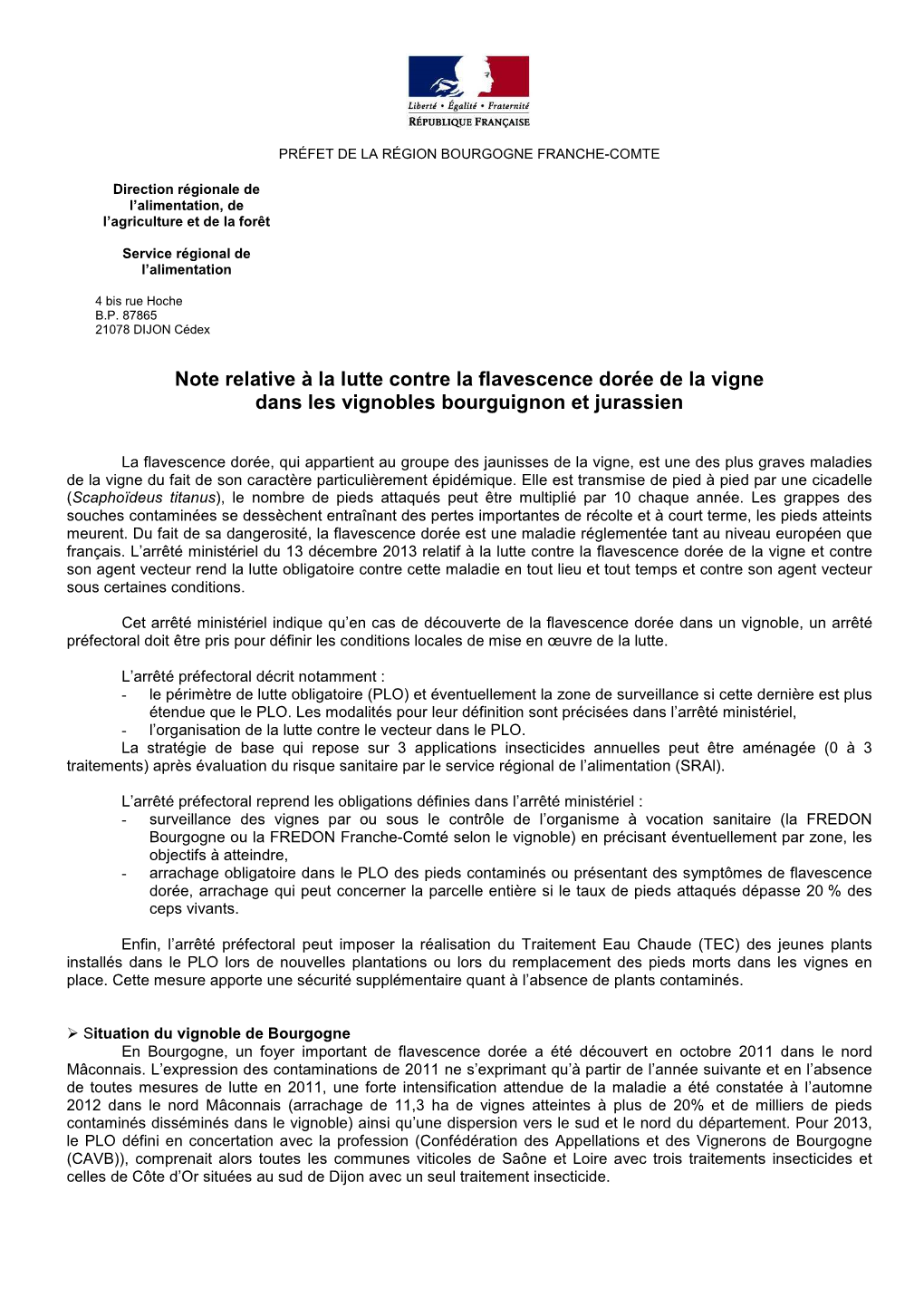 Note Relative À La Lutte Contre La Flavescence Dorée De La Vigne Dans Les Vignobles Bourguignon Et Jurassien