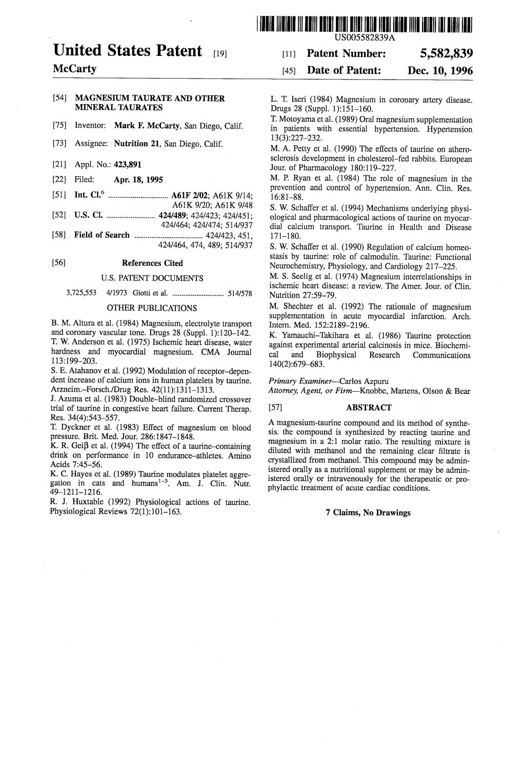 ||||III US005582839A United States Patent (19) 11 Patent Number: 5,582,839 Mccarty 45) Date of Patent: Dec