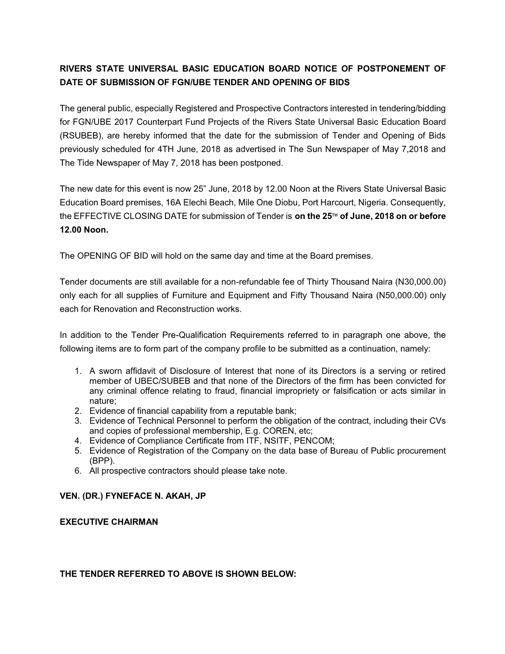 Rivers State Universal Basic Education Board Notice of Postponement of Date of Submission of Fgn/Ube Tender and Opening of Bids