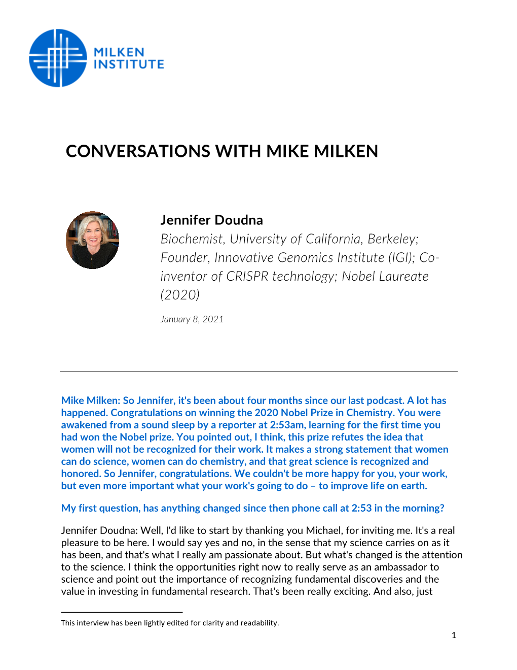 CONVERSATIONS with MIKE MILKEN Jennifer Doudna