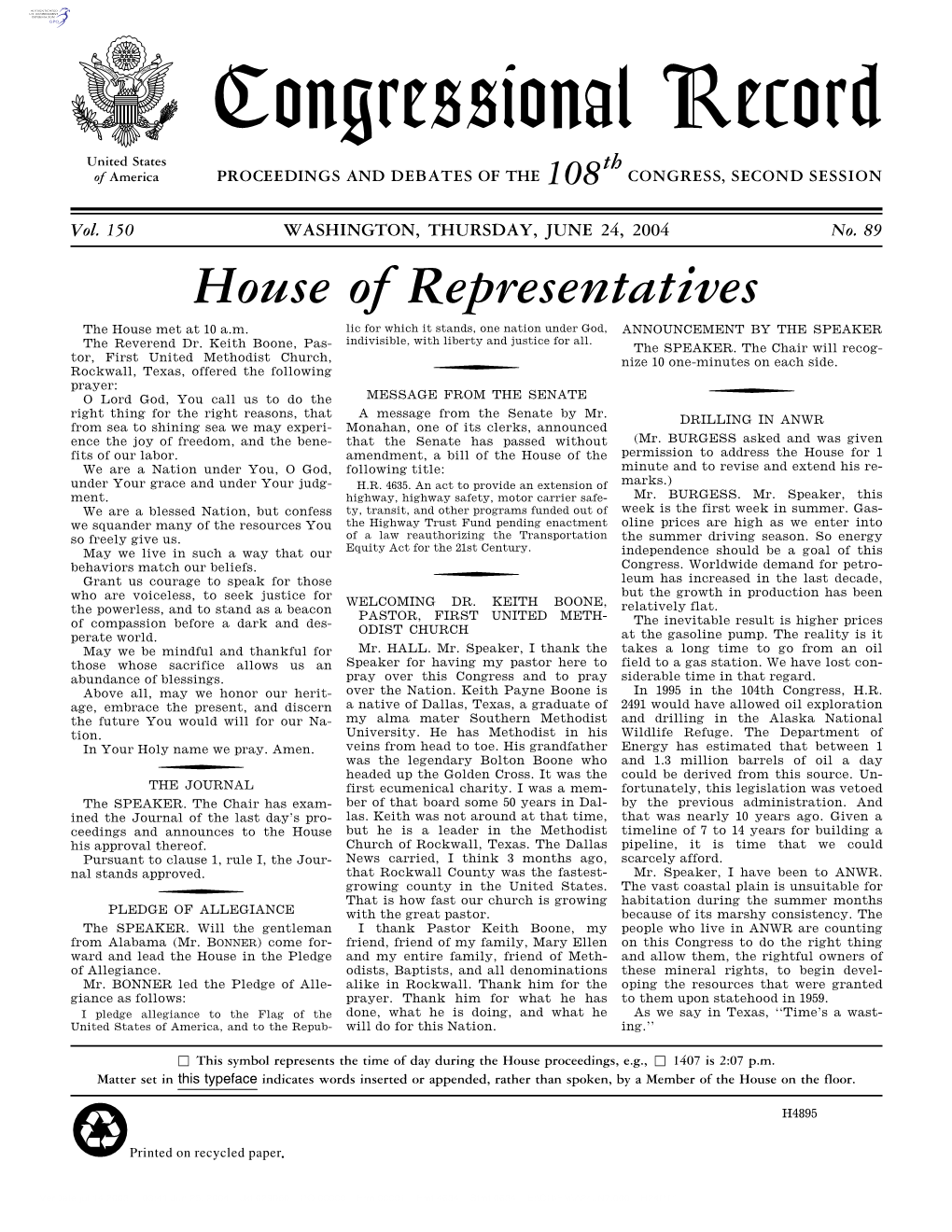 Congressional Record United States Th of America PROCEEDINGS and DEBATES of the 108 CONGRESS, SECOND SESSION