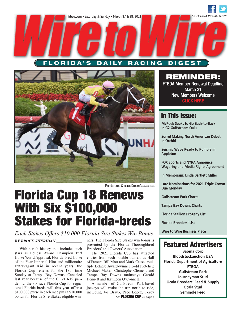 Florida Cup 18 Renews with Six $100,000 Stakes for Florida-Breds