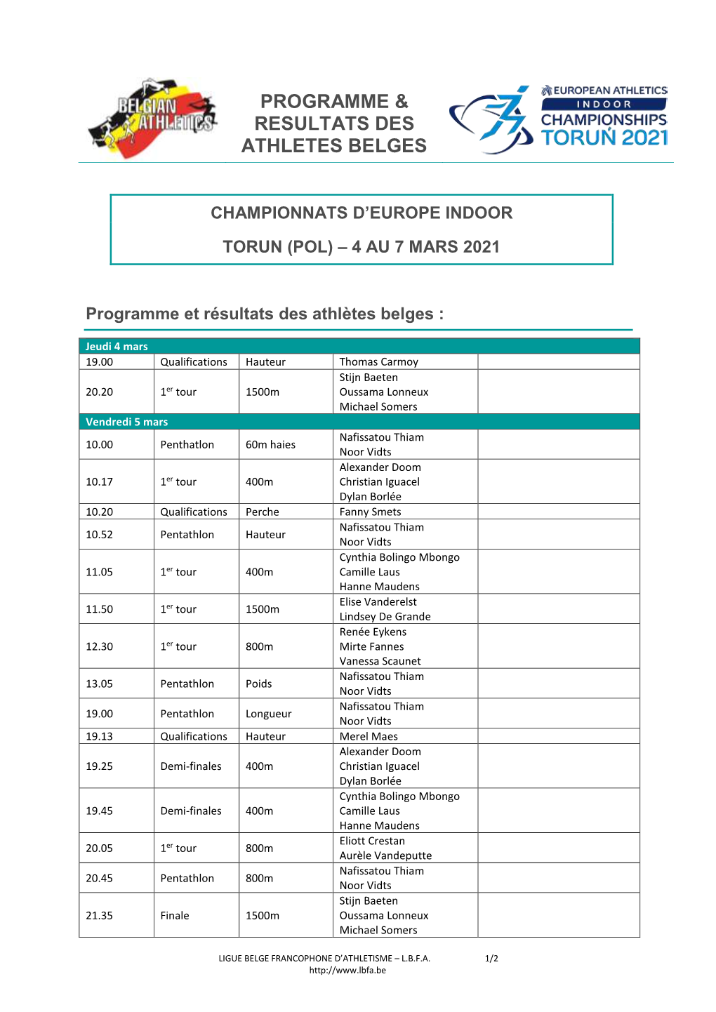 Programme & Resultats Des Athletes Belges