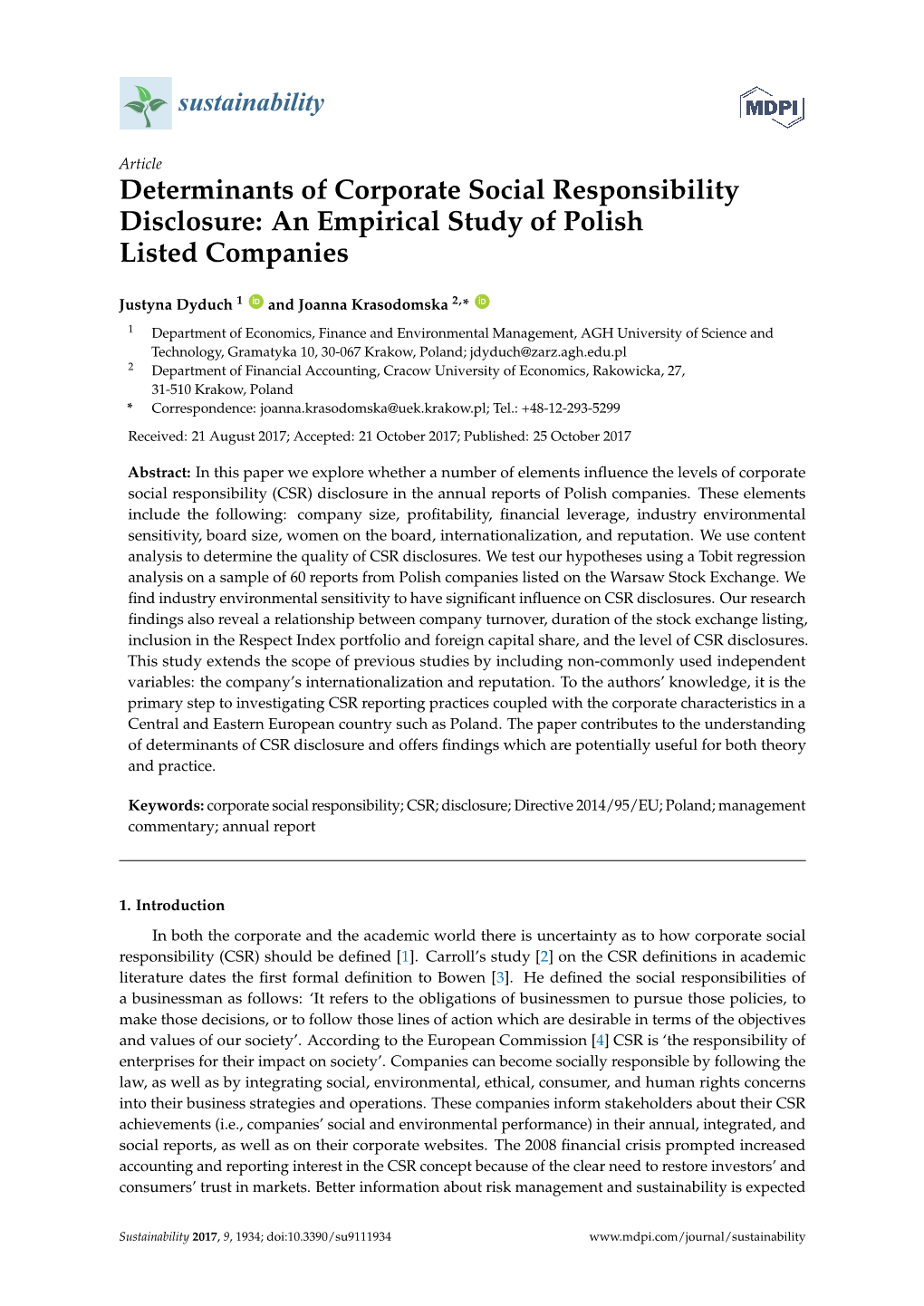 Determinants of Corporate Social Responsibility Disclosure: an Empirical Study of Polish Listed Companies