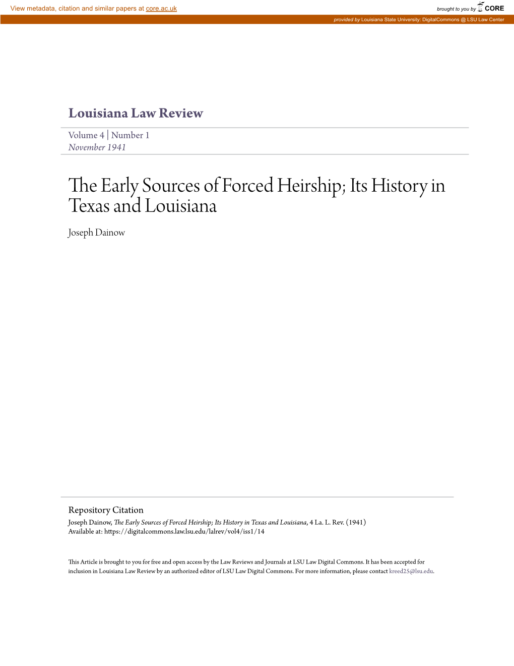 The Early Sources of Forced Heirship; Its History in Texas and Louisiana, 4 La