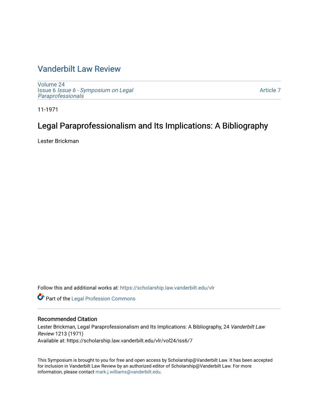 Legal Paraprofessionalism and Its Implications: a Bibliography