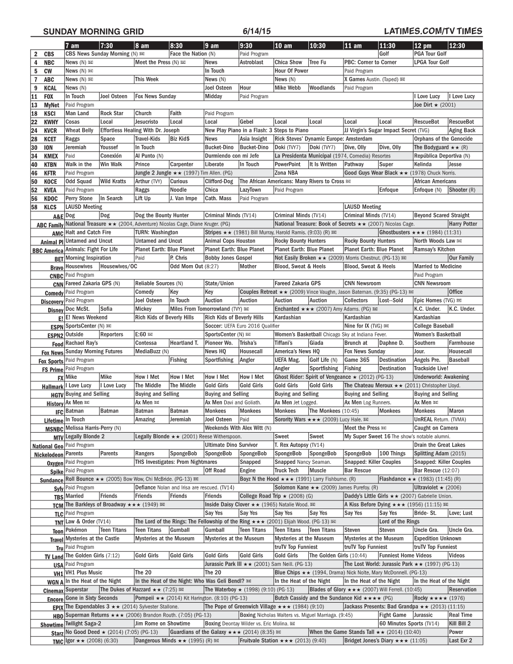 Sunday Morning Grid 6/14/15 Latimes.Com/Tv Times