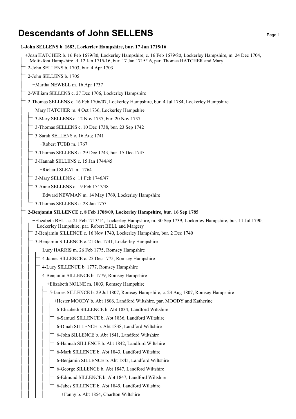 Descendants of John SELLENS Page 1