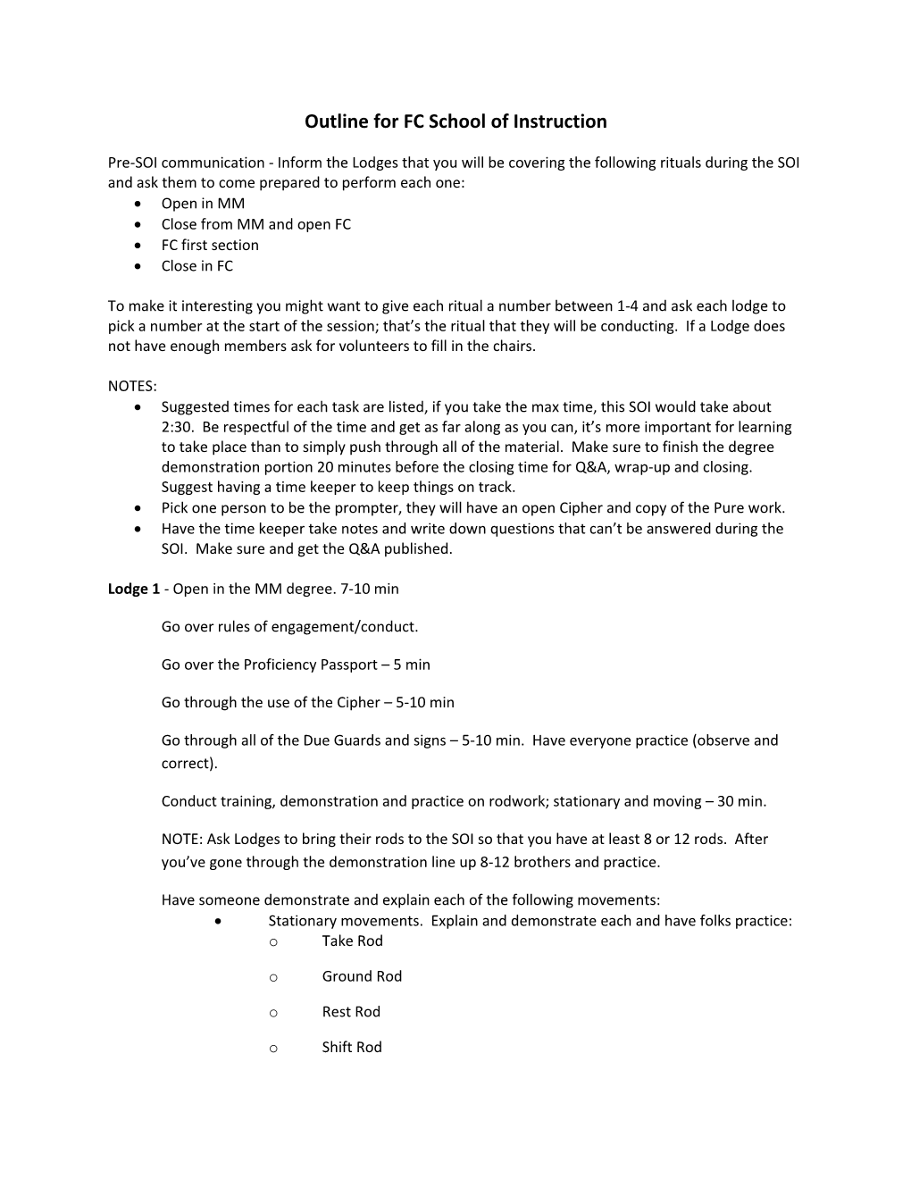 Outline for FC School of Instruction