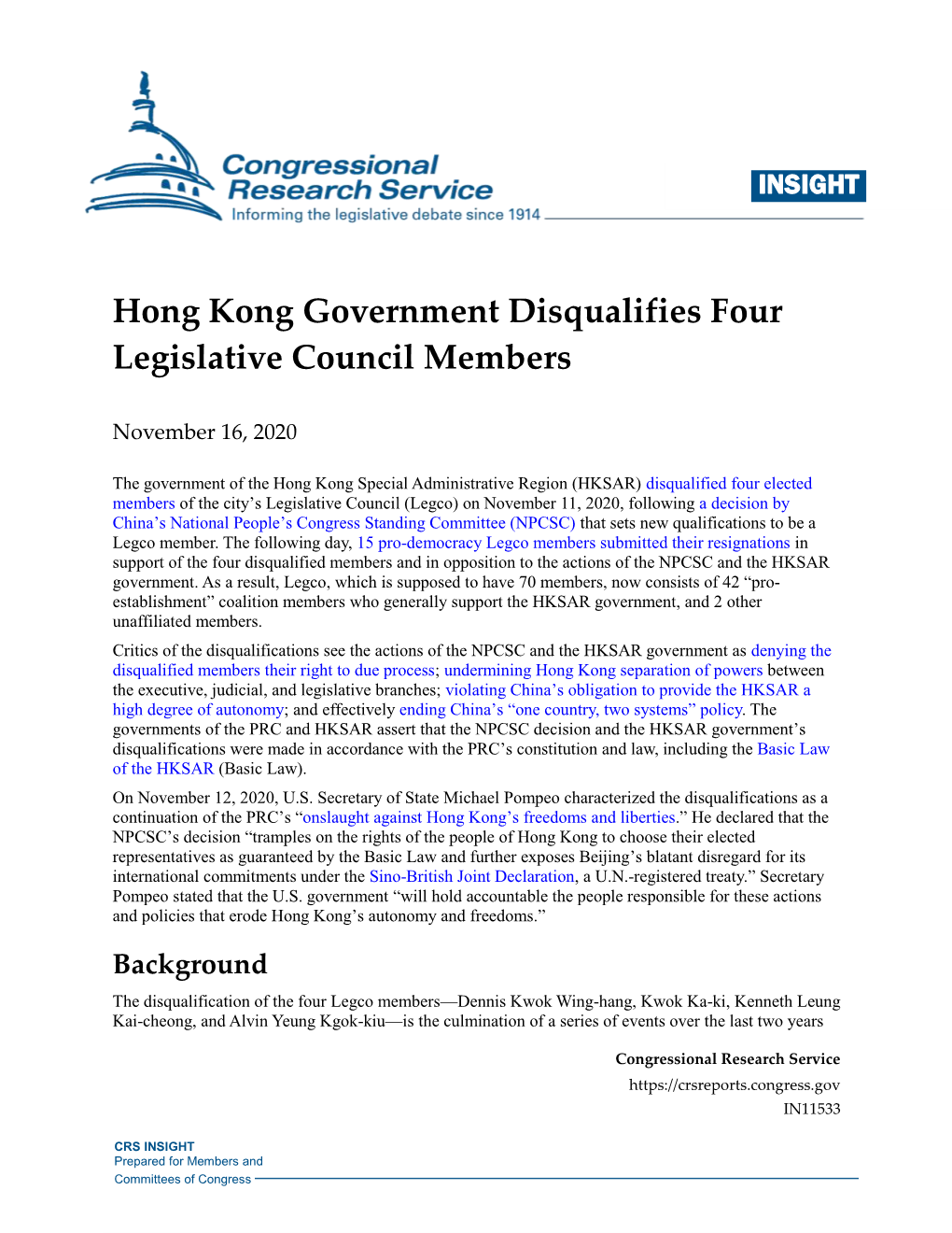 Hong Kong Government Disqualifies Four Legislative Council Members
