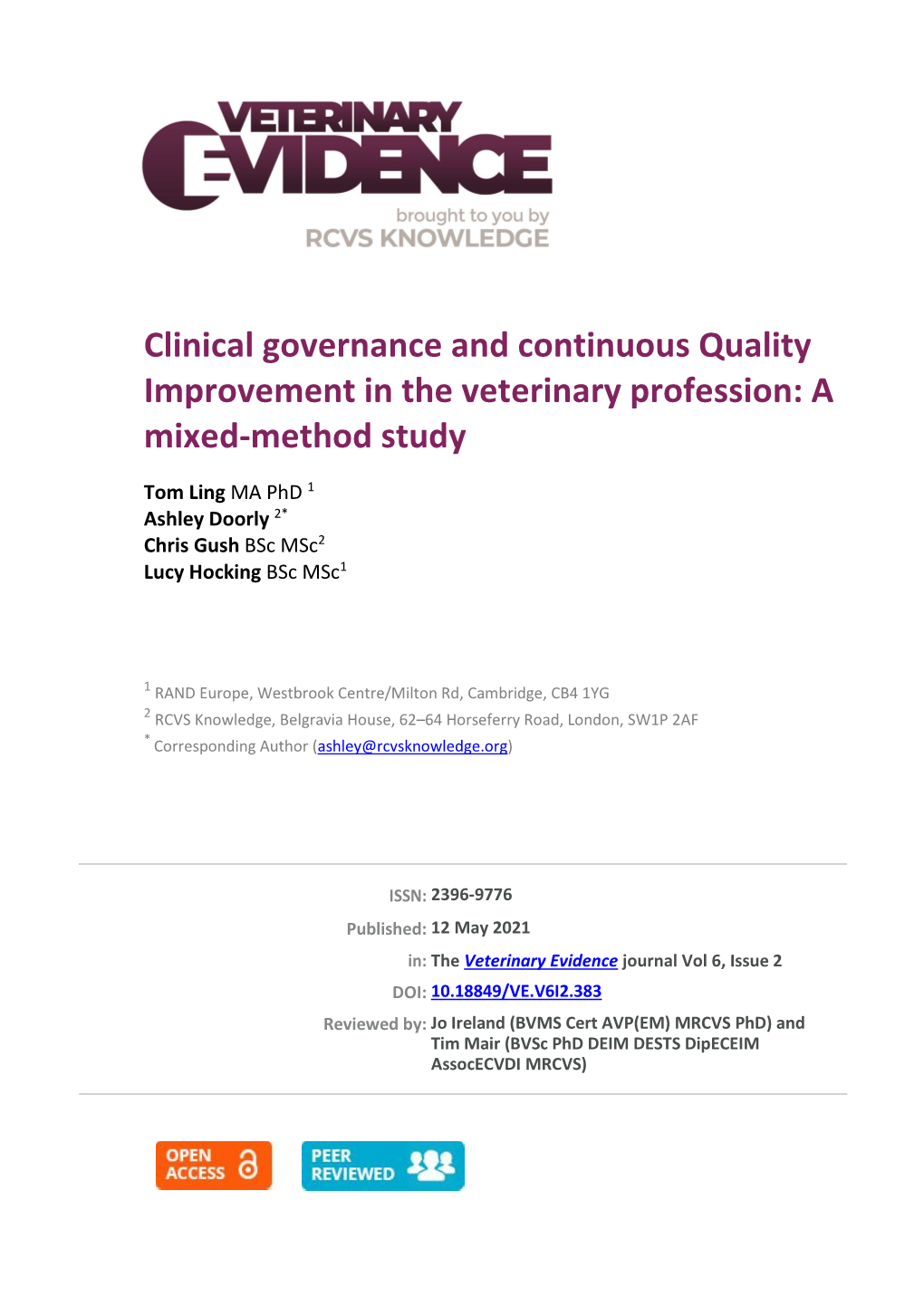 Clinical Governance and Continuous Quality Improvement in the Veterinary Profession: a Mixed-Method Study
