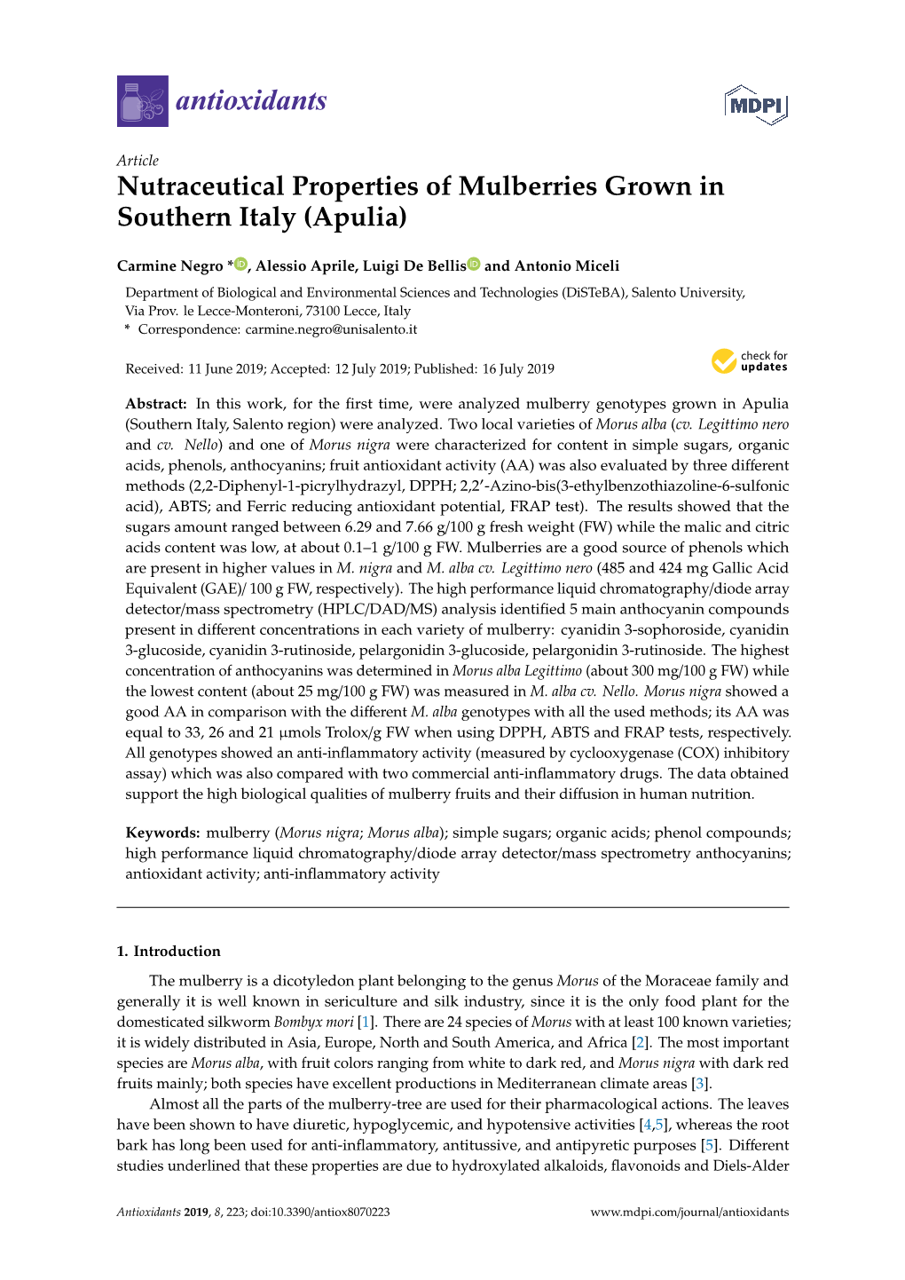 Nutraceutical Properties of Mulberries Grown in Southern Italy (Apulia)