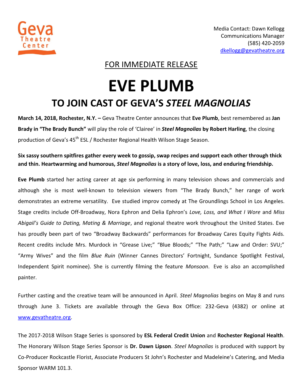 EVE PLUMB Joins Cast of STEEL MAGNOLIAS