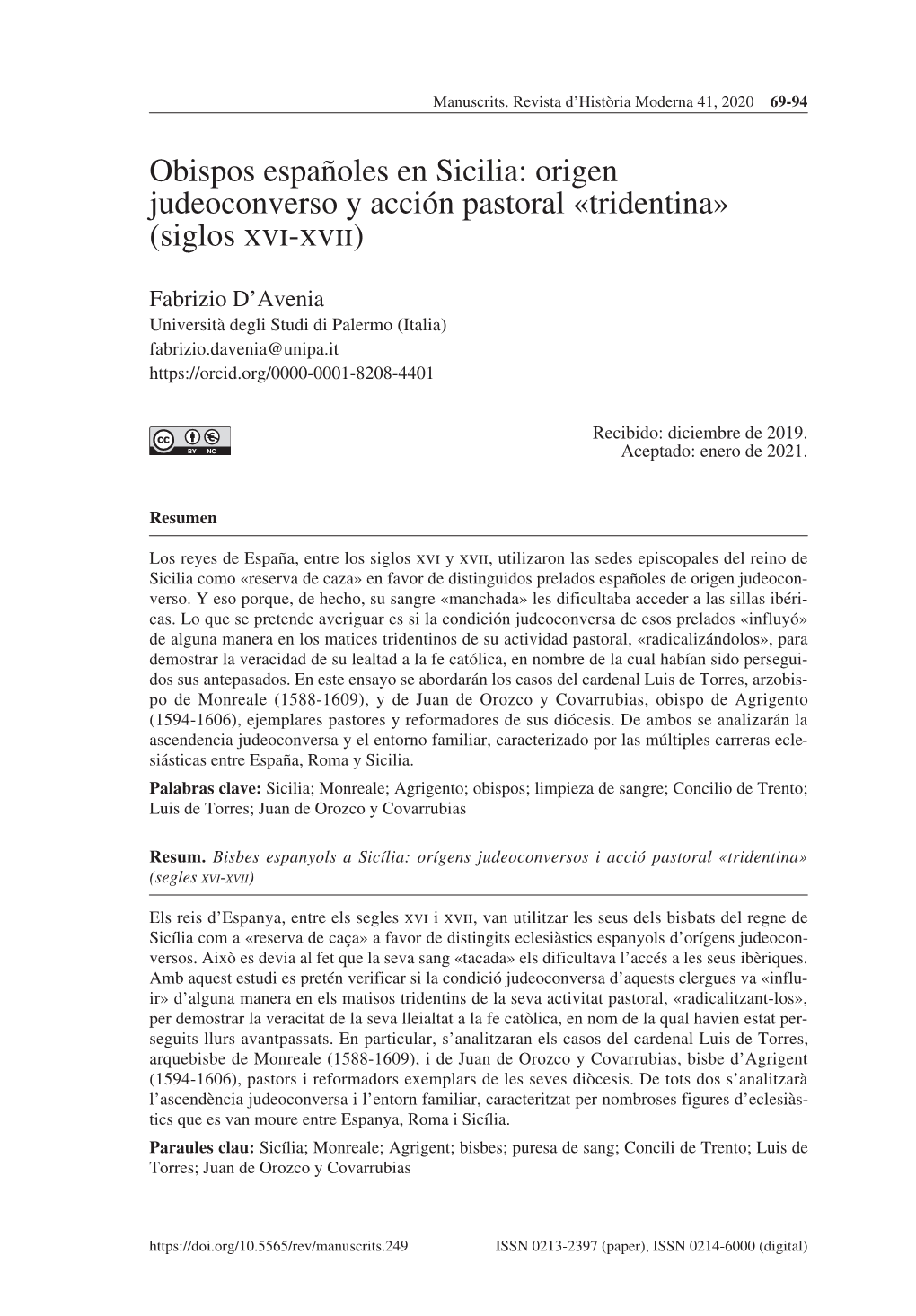 Obispos Españoles En Sicilia: Origen Judeoconverso Y Acción Pastoral «Tridentina» (Siglos Xvi-Xvii)