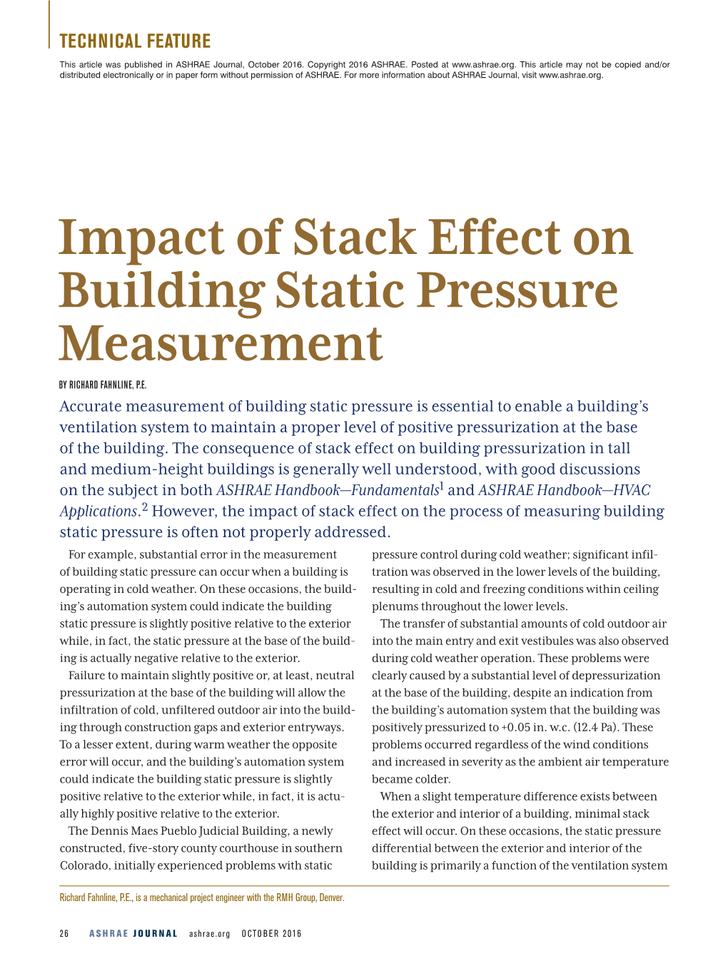 Article ASHRAE Journal Impact of Stack Effect on Building Static Pressure Measurement Quoted BY