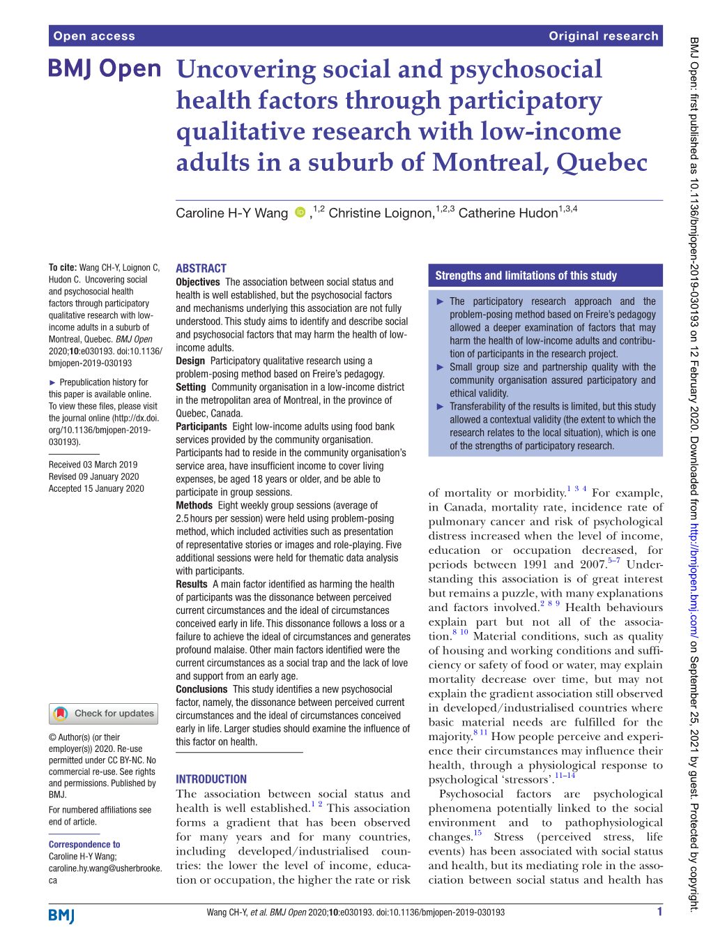 Uncovering Social and Psychosocial Health Factors Through Participatory Qualitative Research with Low-­Income Adults in a Suburb of Montreal, Quebec
