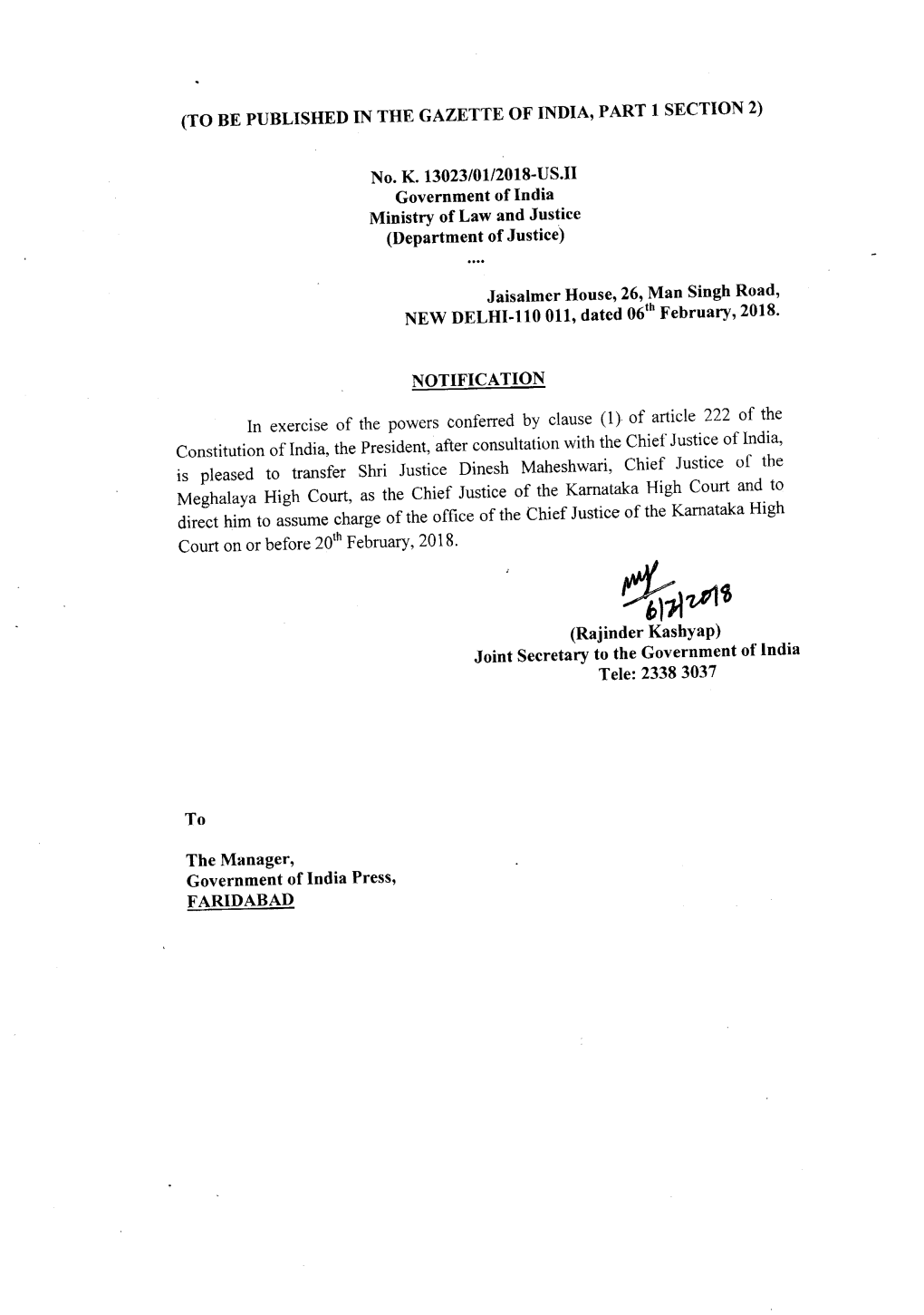 011, Dated 06Th February, 2018. NOTIFICATION in Exercise of The