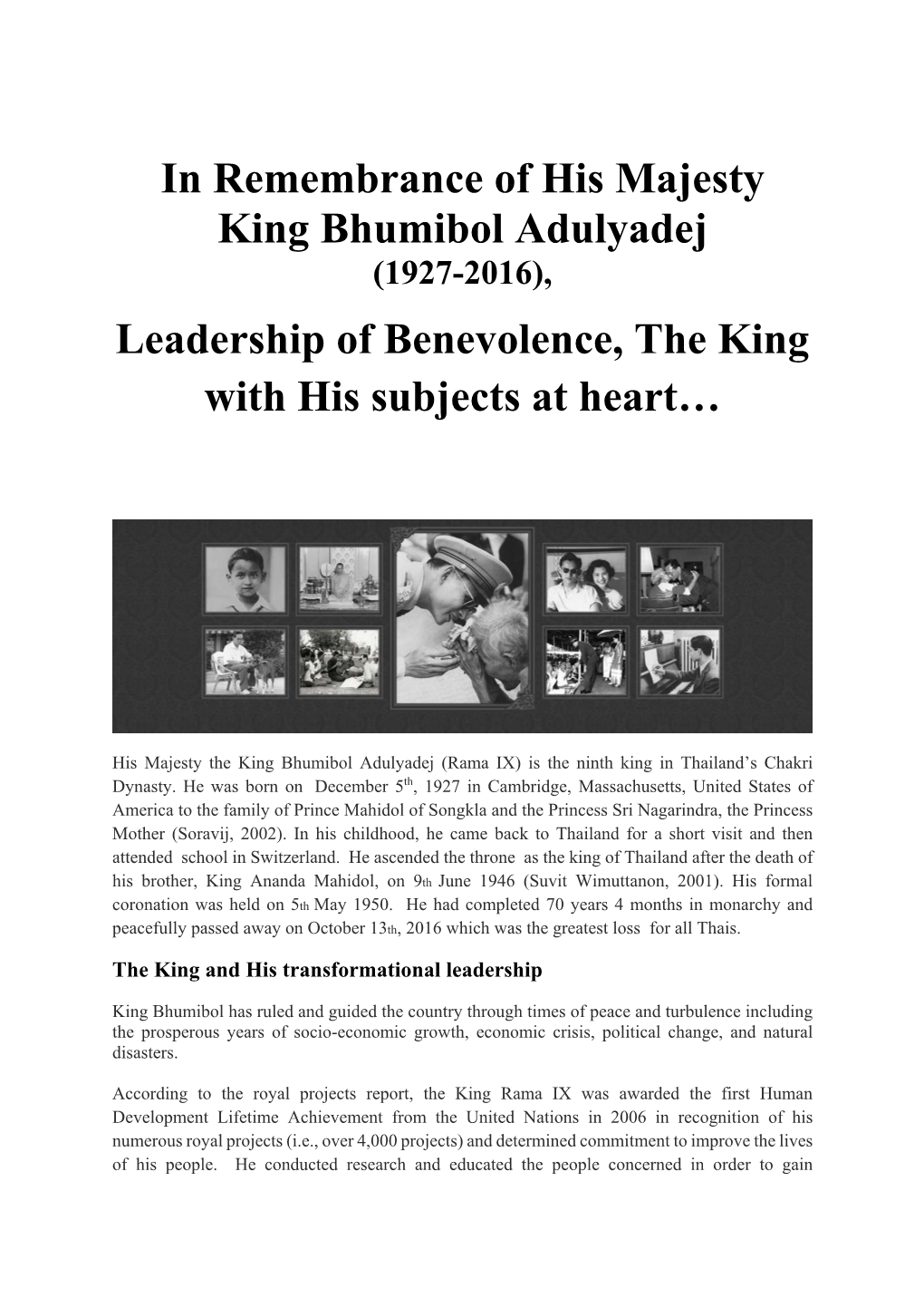 In Remembrance of His Majesty King Bhumibol Adulyadej Leadership Of