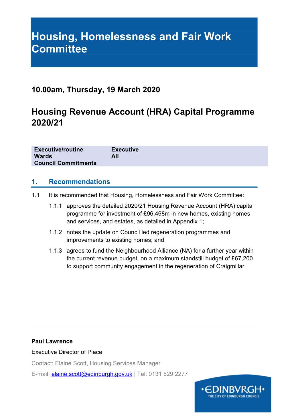 Housing Revenue Account (HRA) Capital Programme 2020/21 PDF