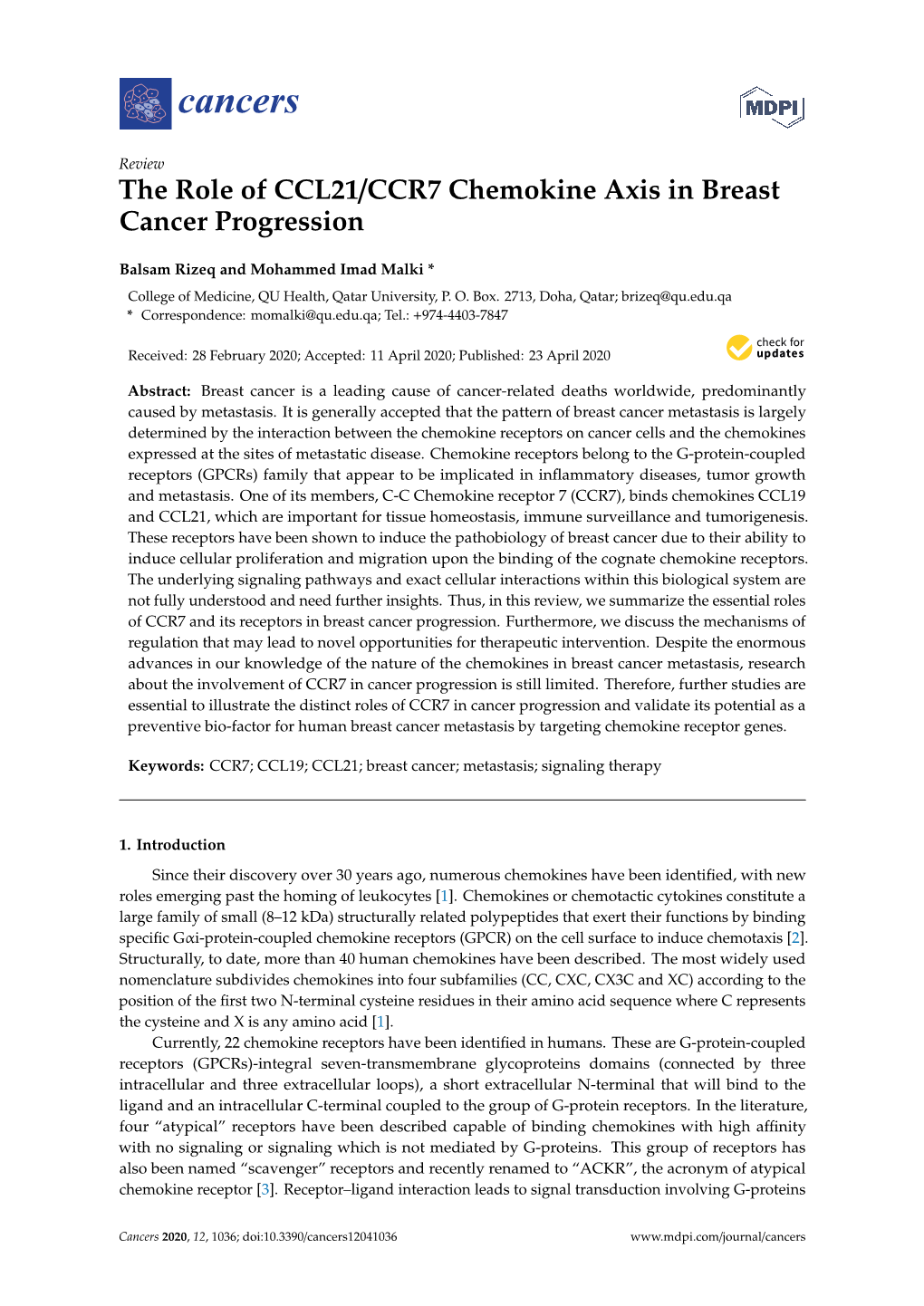 The Role of CCL21/CCR7 Chemokine Axis in Breast Cancer Progression