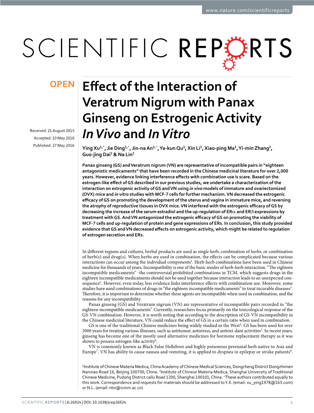 Effect of the Interaction of Veratrum Nigrum with Panax Ginseng On