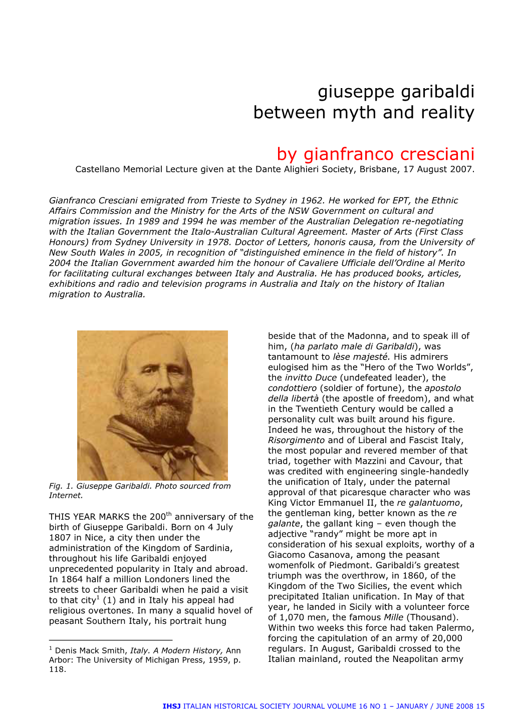 Giuseppe Garibaldi Between Myth and Reality by Gianfranco Cresciani